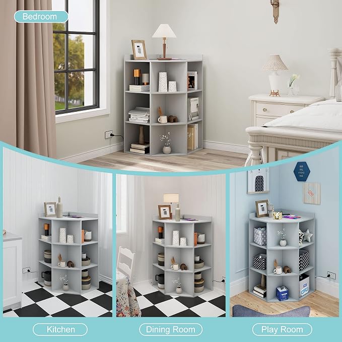 HedoAjim Corner Cabinet, Corner Storage Shelf with USB Ports and Outlets Industrial Organizer for Small Space Wooden 9-Cubby Bookshelf for Study, Playroom, Living Room (Grey)