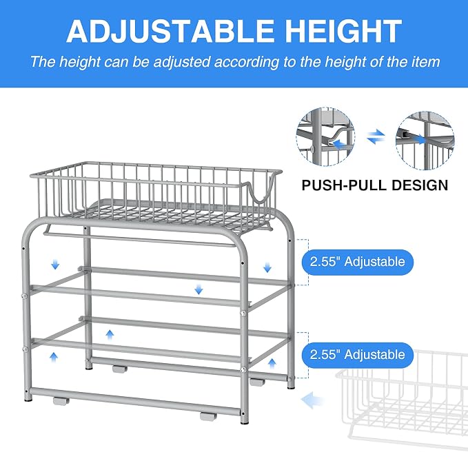 under sink storage 2 Tier Stackable Sliding Basket Organizer Drawer For Kitchen And Bathroom/Cabinet Drawers,silver
