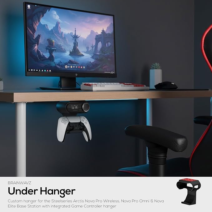 BRAINWAVZ Under Desk Mount & Game Controller Hanger for SteelSeries Arctis Nova Pro, Elite and Pro Omni Wireless Base Station – Easy Install with Screws or VHB Tape – Clean, Organized Gaming Setup