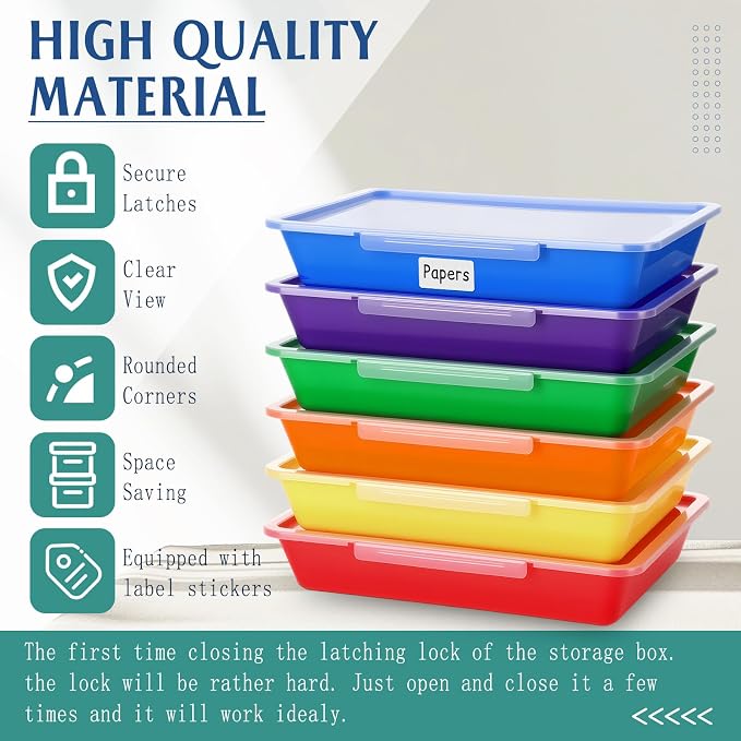 Tinlade 12 Pcs Classroom Paper Storage Bins with Clear Latching Lid, Label Stackable Letter Size Flat Tray Container for Teacher Back to School Supplies Home Office Desk Arts Crafts (Rainbow,13x10in)