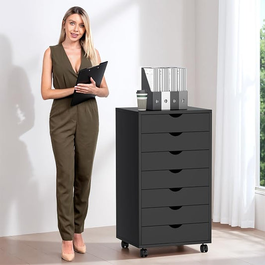 7-Drawer Chest, Office File Cabinet with Wheels, Black