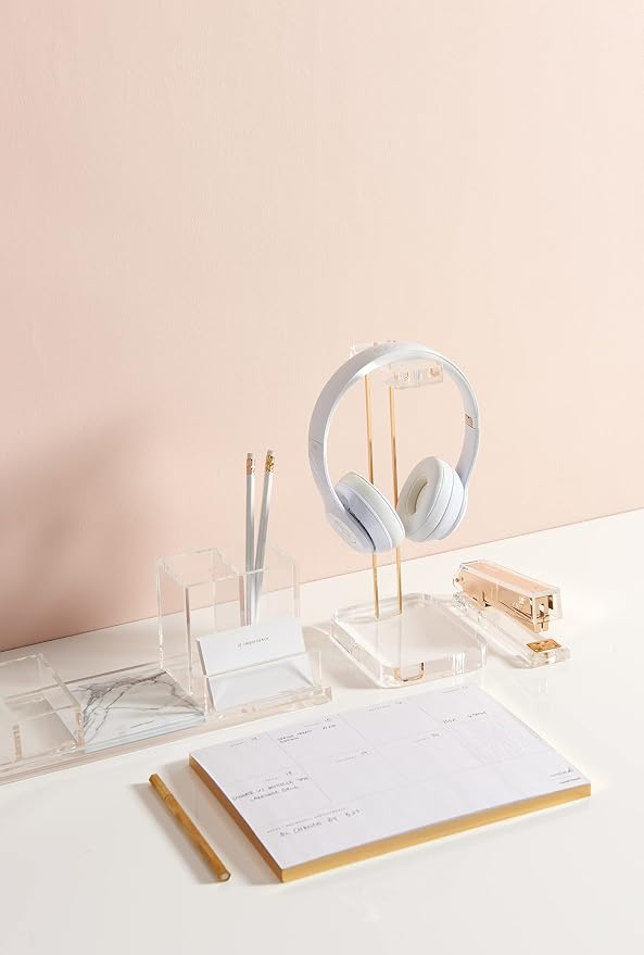 RUSSELL+HAZEL Acrylic Headphones Stand with Gold Hardware, Clear Headset Holder & Desk Accessory for Home Office Workspace Organization, 4" x 5" x 10.5"