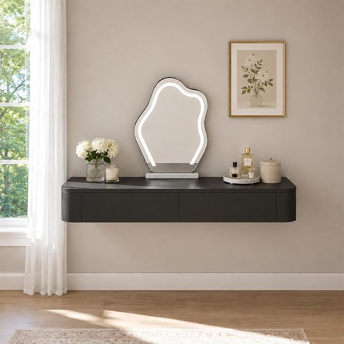 Floating Makeup Vanity Desk with Drawers Wall Mounted Makeup Table with Storage Fully Assembled Floating Vanity Desk Space Saving Modern Dressing Table for Bedroom Closet(Black,47.2")