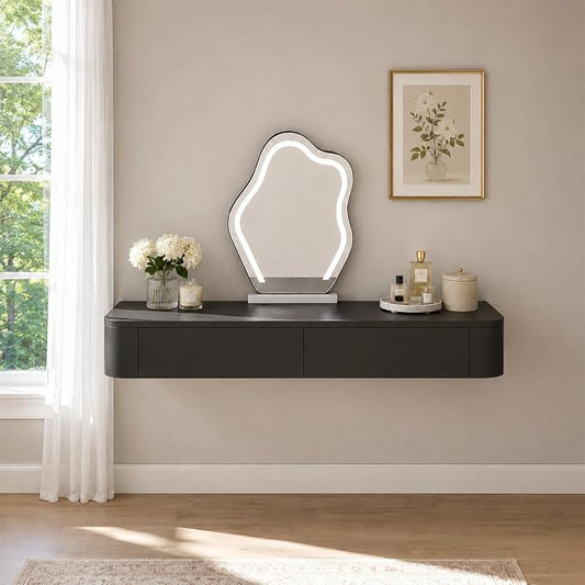 Floating Makeup Vanity Desk with Drawers Wall Mounted Makeup Table with Storage Fully Assembled Floating Vanity Desk Space Saving Modern Dressing Table for Bedroom Closet(Black,55.1")