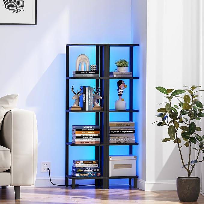TUTOTAK Corner Shelf with LED Light, 5-Tier Corner Bookshelf for Small Space, Narrow Display Corner Shelf Stand with Storage Rack, for Living Room, Bedroom, Black BS08BK005L