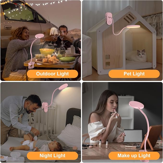Rechargeable LED Desk Lamp with Clamp, Portable Clip on Light with 3 Color & 10 Brightness, Cordless Desk Light for Makeup Home Office Book Reading Crafting Sewing Drawing Knitting Puzzle (Pink/4.7'')