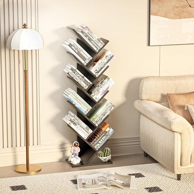 SHEEPAM 10 Tier Tree Book Shelf, Floor Standing Wood Bookshelf for Narrow Space, Storage Organizer Bookshelves for Books/CDs/Magazine, Bookcase with Shelves for Home Office, Living Room - Black