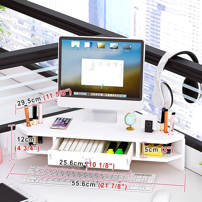 White Corner Monitor Riser with Drawer - Ergonomic Triangle Screen Stand with Lock, Space-Saving Desk nizer for Improved Comfort and Productivity