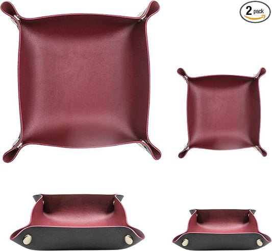 2 Size Leather Valet Tray Organizer, Folding Travel Organizer, Jewelry Tray, For Travel, Home Or Office | Plain Weave, Double Complexion - Red & Black