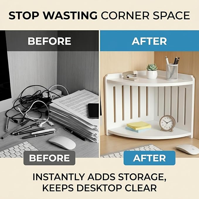Desk Shelf Organizer - Corner Bookshelf Table Top Shelving for Desktop, Multipurpose Office Organizers and Accessories, Space Saving Tabletop Shelf for Dormitory, Home, and Work
