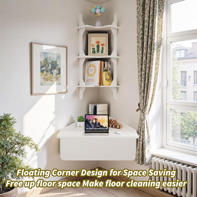 Pmnianhua Floating Corner Desk,Wall Mounted Table with Shelves,Folding Corner Shelf,Wall Corner Shelf for Small Space Computer(Grayish White)