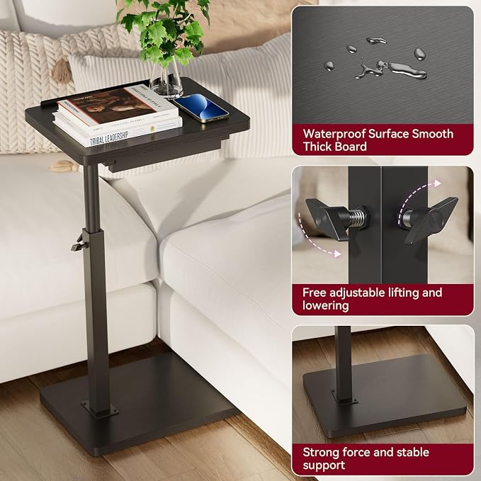 IBUYKE C Shaped Side Table, Angle Adjustable, 360° Swivel Height Adjustable End Table for Small Spaces, for Phone Computer & Tablet, Modern Small Coffee Snack Table for Sofa/Bed, Black UTVT004B