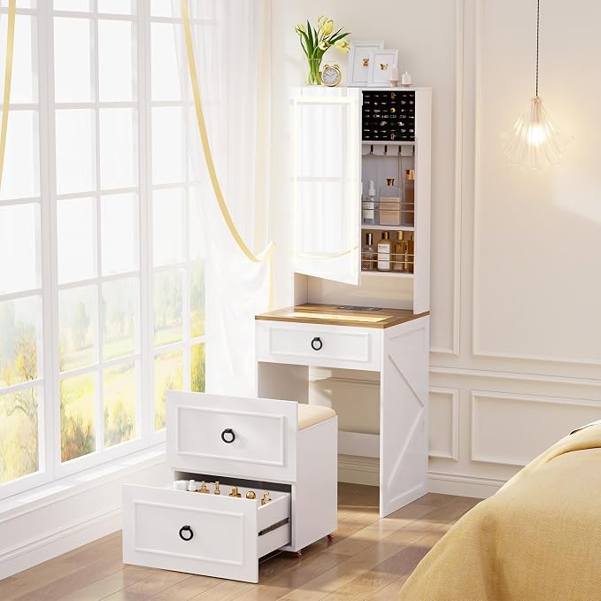 Gurexl 3 in 1 Small Vanity Desk with Lights and Mirror,Tall Lighted Compact Vanity with Charging Station,Makeup Vanity Set with Jewelry Armoire,Glass Top,Wheeled Stool,3 Drawers, White and Oak