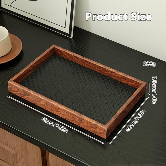 Wooden Valet Tray Valet Desk Organizer Tray with Leather Base Wooden Jewelry Tray, Nightstand Trays Holder for Wallets, Keys, Watches, Daily Necessities, Catch All Trays