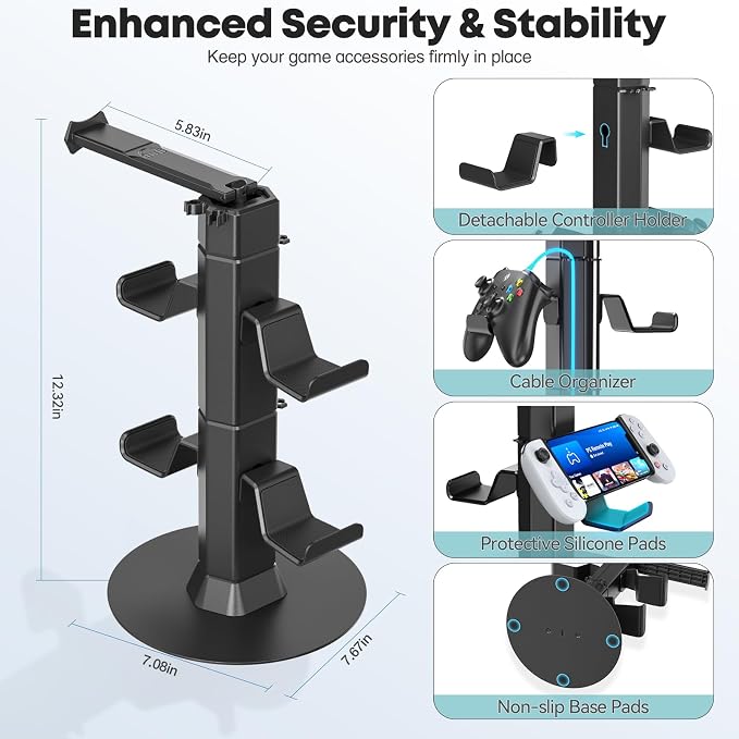 Gaming Controller & Headset Holder Stand for Desk, with Charger Cable Organizer Headphone Stand for PS5/ Xbox/ PS4/ Switch, Metal Base Controller Hook for Storage with 360° Rotatable Hanger- 2 Tiers