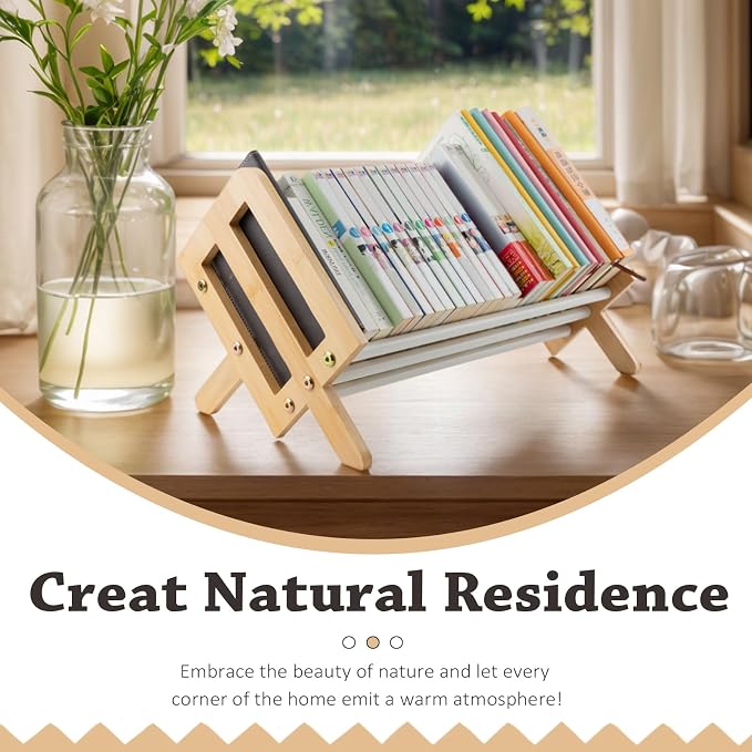 Desktop Bookshelf, Wood Tilting Bookcase with Iron Rack, Book Organizer for CDs/Magazine/Books Display, Storage Rack in Living Room/Studyroom/Home/Office, Yellow & White, 16"