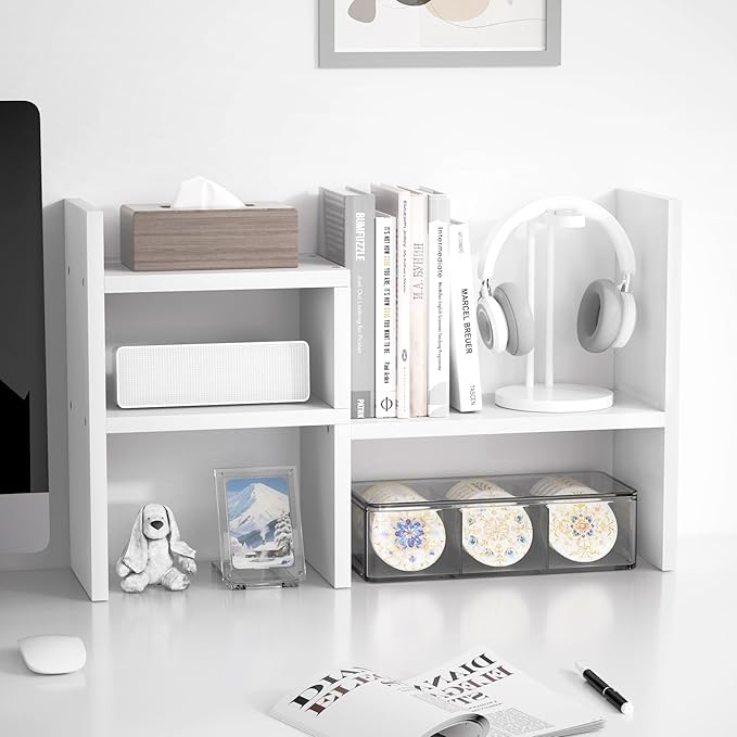 Jerry & Maggie Desktop Organizer Office Storage Rack Adjustable Wood Display Shelf Birthday Gifts Toy Home Decor Free Style Rotation Display True Natural Stand Shelf White 2 Pack
