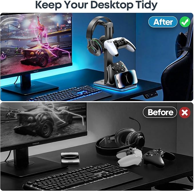 Gaming Headset & Controller Stand, Rotating Headphone Storage with 2 Controllers & Phone Holder, 9 RGB Modes Game Desk Storage for PS5/PS4/XBOX PC Gamer Essentials Organizer Gift Accessories