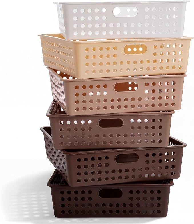 Geetery 6 Pack Classroom Storage Baskets with Handle 14''x10'' Paper Tray Holds A4 Turn in Trays Plastic Paper Baskets Desk Organizer Bin for Classroom, Library, Office, Home (Gradient Brown)