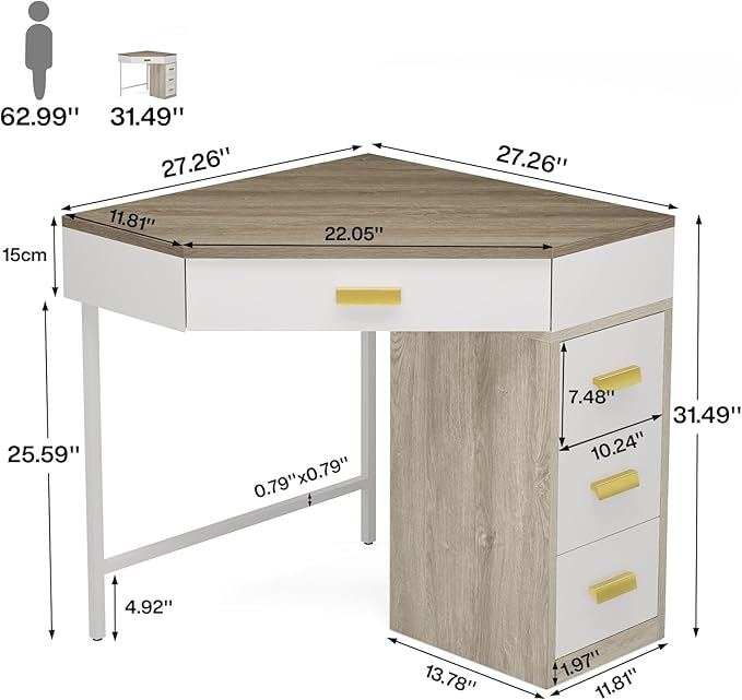 Tribesigns Corner Desk with 4-Drawer Storage,Triangle Computer Desk,Vanity Station,Study Nook for Small Space,Home Office,Bedroom,Living Room,White&Gray