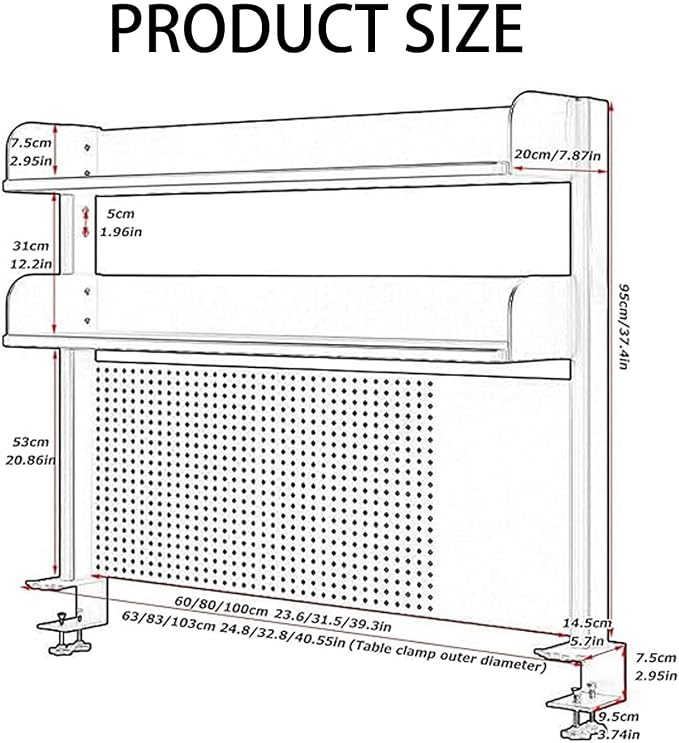 2 Tier Organizer Shelf Clamp On Desk 23 31 39in,Computer Desk Accessories for Office,Pegboard Workstation Desk Extender,Privacy Panel for Gaming Desk Desktop Shelving System(60cm/23.6in)