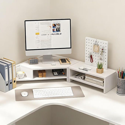 Corner Monitor Stand with Storage Space Triangle Riser Combo Desktop Corner Shelf with Cup Holder Pegboard Office Desk Accessories and Organizer for Office & Home,White,Double Layer