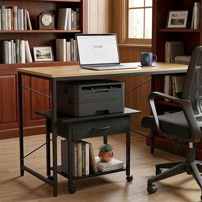 22" x 15" Under Desk Rolling Printer Stand, 2-Tier Industrial Mobile Printer Table with Strong Fabric Drawer, Storage Shelf, Steel Frame and Lockable Wheels, Printer Cart for Home Office (Black)