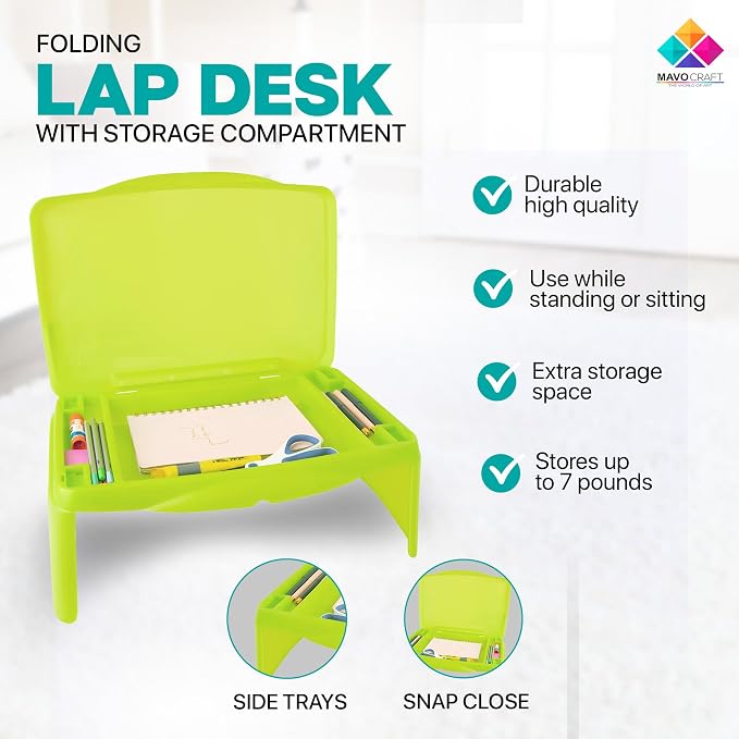 MAVOCRAFT Foldable Kids Lap Tray with Storage - Portable Lap Desk Kids & Adults - Kids Lap Desk for Breakfast in Bed, Serving Tray, Car Desk & Gaming (Green)