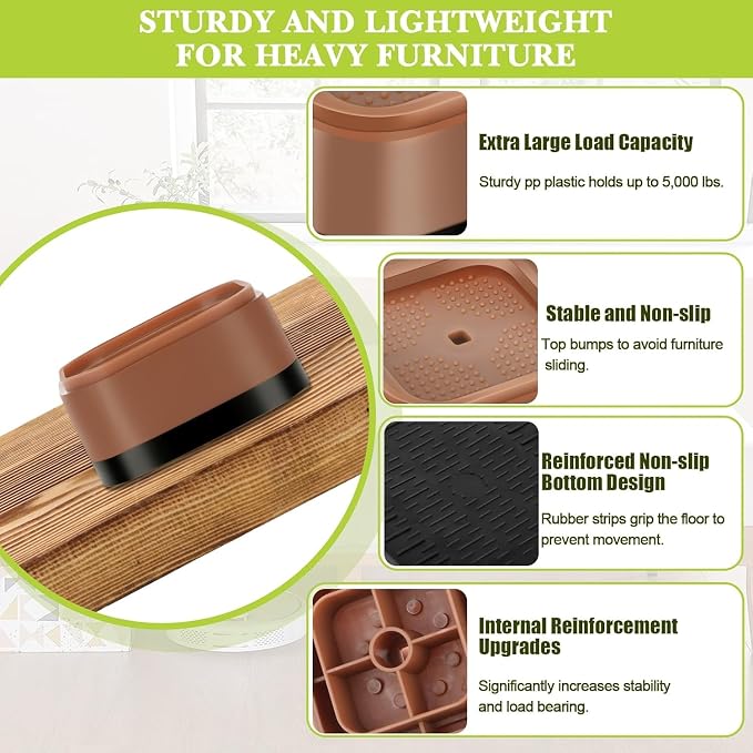 20 Pack Furniture Risers 1, 2 or 3 Inch, Adjustable Bed Risers Heavy Duty For Table Desk Couch Chair Sofa Cabinet Bed Legs Dorm, Square Stackable Bed Raisers Blocks Lift Height 1", 2" or 3", Brown