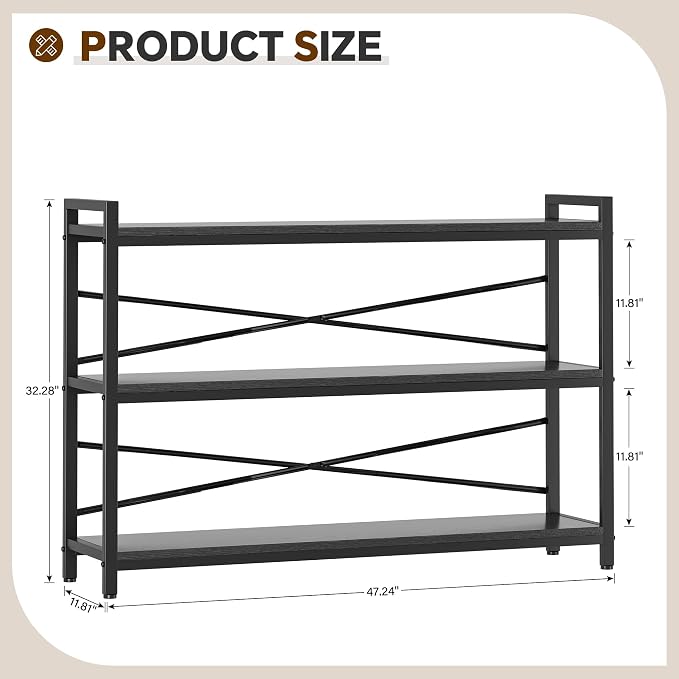 3 Tier Bookcase 47.24" Width, Long Industrial Book Shelf, Vintage Wooden Large Book Shelf for Home Living Room Bedroom Office Storage(Black)