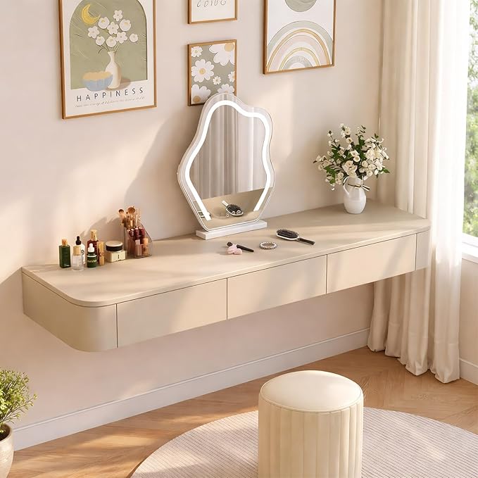 Floating Makeup Vanity Desk with Drawers Wall Mounted Makeup Table with Storage Fully Assembled Floating Vanity Desk Space Saving Modern Dressing Table for Bedroom Closet(Khaki,63")