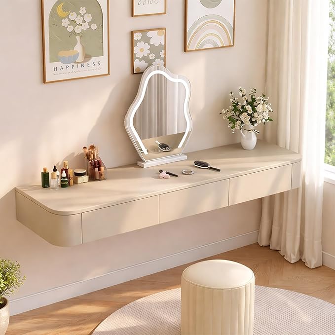 Floating Makeup Vanity Desk with Drawers Wall Mounted Makeup Table with Storage Fully Assembled Floating Vanity Desk Space Saving Modern Dressing Table for Bedroom Closet(Khaki,31.5")