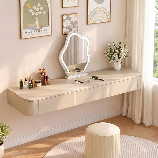 Floating Makeup Vanity Desk with Drawers Wall Mounted Makeup Table with Storage Fully Assembled Floating Vanity Desk Space Saving Modern Dressing Table for Bedroom Closet(Khaki,31.5")