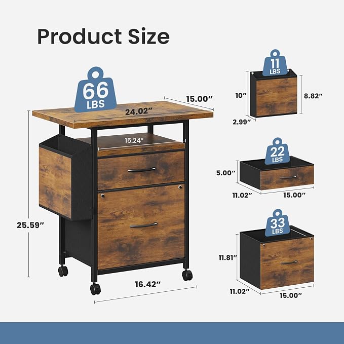 DUMOS 2 Drawer Mobile File Cabinet, Rolling Printer Stand with 24'' Wide Desktop, Fabric Drawer Cabinet Under Desk Fits A4/Letter Size, Printer Cart with Storage Side Bag for Home Office, Rustic Brown
