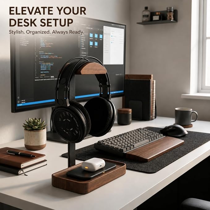 Walnut Headphone Stand - Solid Wood Universal Headset Holder, Premium Desktop Accessory for Gaming, Office & Streaming (Walnut Rectangular Base)