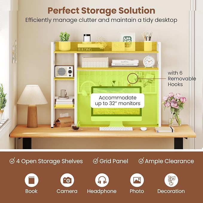 Tangkula Desktop Bookshelf for Computer Monitor Up to 32”, Countertop Storage Hutch with 4 Open Storage Shelves, Grid Panel, Anti-tip Device, 4-Tier Desktop Display Shelves for Home Office (Natural)