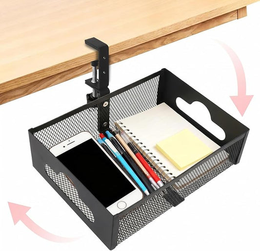 Under Desk Organizer 360° Swivel,under Desk Drawer, Clamp-On No Drill Installation,Sturdy Mesh Storage Drawer for Office,Drawing Room and Kitchen Room,Art Supplies and More(Without Cup Holder)