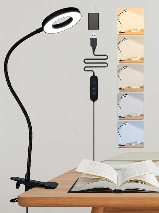 Clip on Lamp,5 Colors+10 Brightness Memory LED Desk Lamp with Clamp Light | 550lm Bright Clip on Light for Bed Headboard/Bedside Table,360° Adjustable Reading Light for Bed/Dorm/Nail/Puzzle,USB Adapter