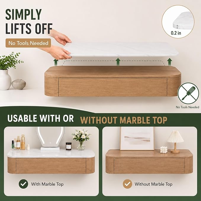 Floating Makeup Vanity Desk With Drawers Wall Mounted Makeup Table With Storage Fully Assembled Floating Vanity Desk Space Saving Modern Dressing Table For Bedroom Closet(White Marble,39.3")