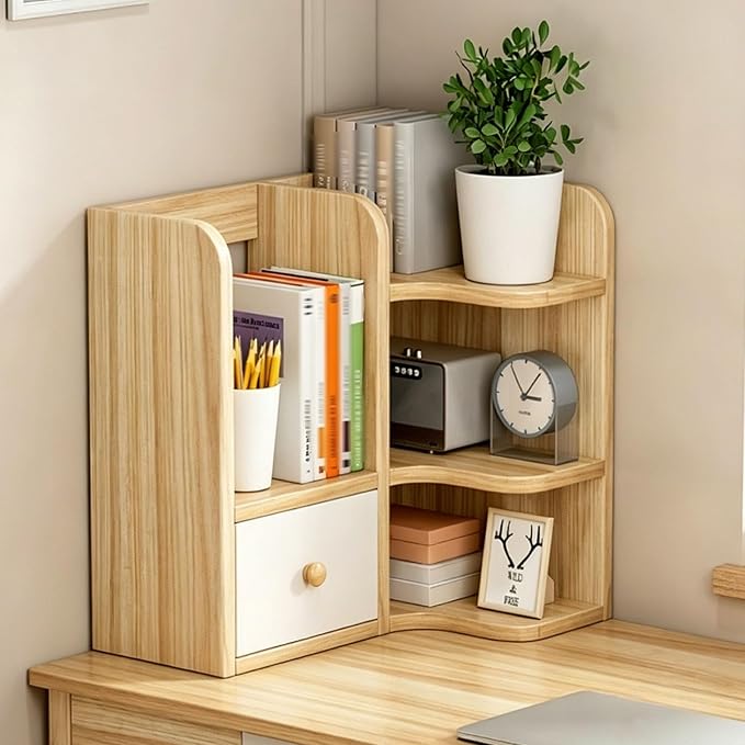 3-Tier Corner Desktop Organizer Shelf, Wooden Desktop Bookshelf with Drawers, Multifunctional Desk Hutch Dorm, Desk Display Rack, Cube Storage Organizer Bookcase(Wood B-l,19.6x11.8x19.6'')