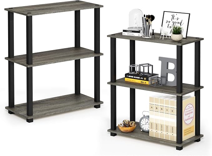 Furinno TURN-S-TUBE Storage Shelves Set of 2, 3-Tier Book Shelf, Corner Shelf, Toolless Open Shelves, Square Tubes, for Organization and Storage, Living Room, Garage, Home Office, French Oak