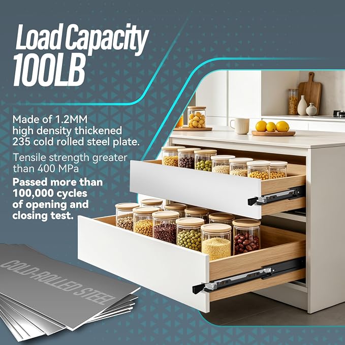 1 Pair Locking Full Extension Ball Bearing Drawer Slides 12 14 16 18 20 22 24 Inch 100 LB Load Capacity Side Mount File Cabinet Rails Dresser Runner Trash Can Kitchen (14 inch, Black)