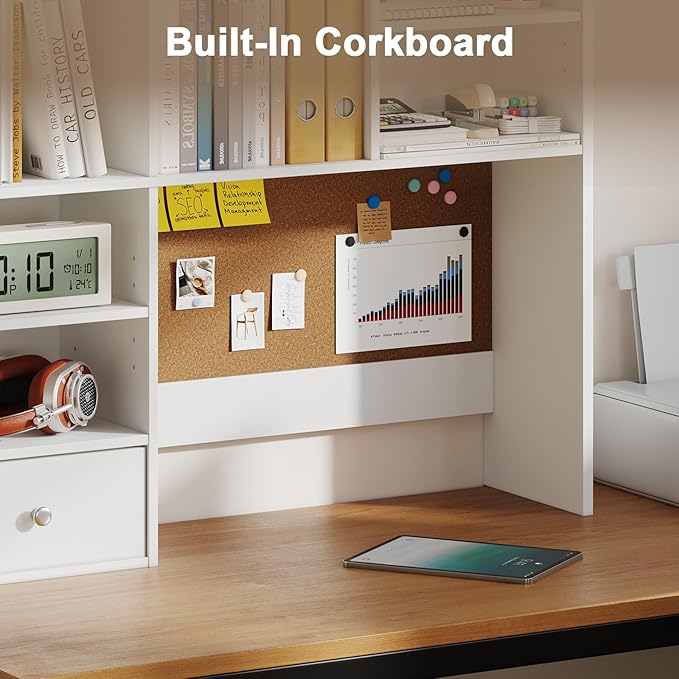 White Desk Hutch with Cork Board for Photos and Reminders, Dorm Desk Hutch with Drawers and Shelves, Desktop Bookshelf for College Dorm, Student Bedroom, Compact Study Spaces