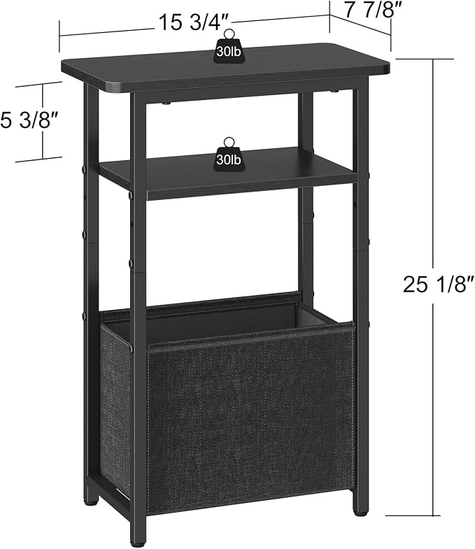sthmec Narrow Side Table, Skinny End Tables with Fabric Basket, Small Side Tables for Small Space, 2-Tier Open Shelves with Basket, Slim Nightstands for Bedroom,Living Room,Office, Black