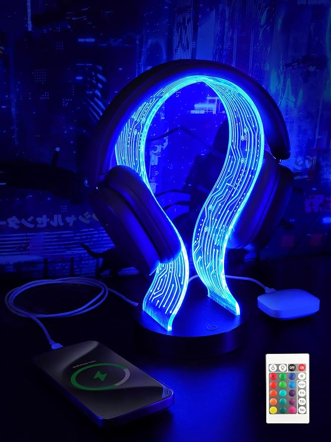 CoolGift Mart Light Up Headphone Stand with 16 Color Lights, PCB Pattern Acrylic Headset Stand with 1 USB and 1 Type-C Charging Ports, Gifts for Gamers Men Boy Father Dad and DJ Music Lovers