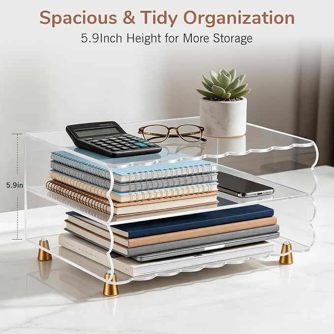 2+1 Tier Paper Letter Tray,Acrylic Desk Organizer with Scalloped Edge& Gold Metal Feet,Top Display Design,Space Saving Clear Organizer for Women, A4 File, Letter, Books,Notes,Home & Office