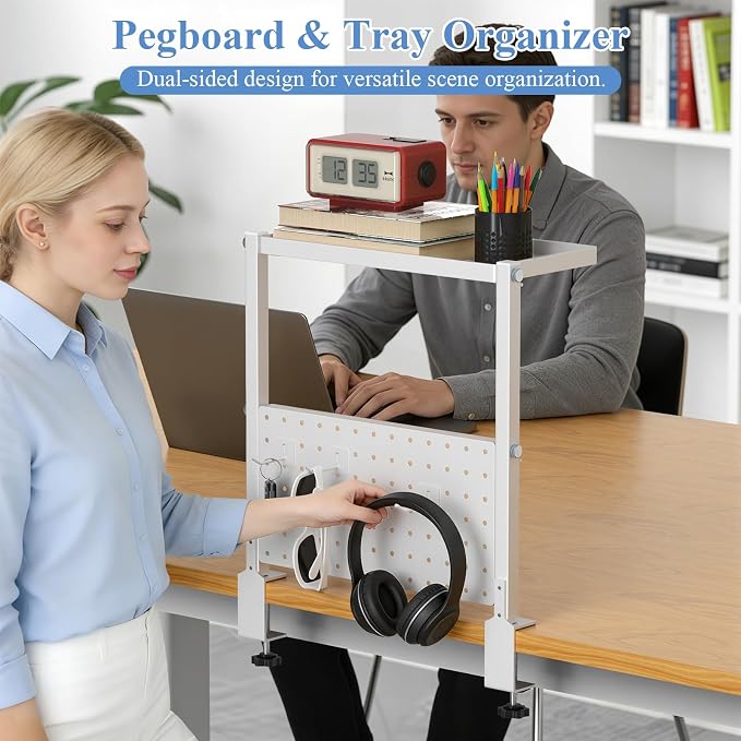 Jumyee 2-Tier Side/Top Clamp On Desk Shelf With Magnetic Pegaboard(White) | Flip Pegboard Tray & Magnetic Accessories, No-Drill White Desk Shelf with 6 Hooks for Home Office Gaming Accessories