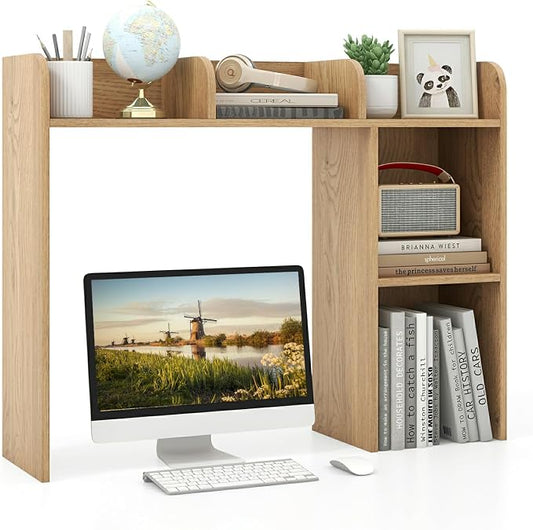 MAT EXPERT Desk Organizer, Wooden Desktop Shelf for 27 Inch Monitor with 5 Shelves & Non-Slip Foot Pads, Anti-Tipping Device, Multipurpose Desk Hutch for Study, Office, Dorm (Natural)
