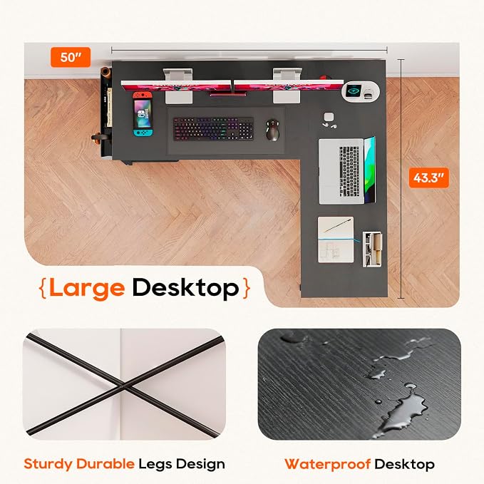 Dkelincs 50-Inch L Shaped Desk, Corner Computer Desk & Gaming Desk for Home Office and Dorm, Sturdy Writing Workstation with CPU Stand and Side Storage Bag (Black)