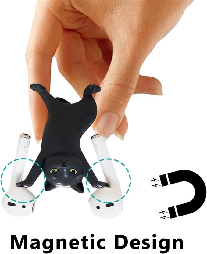 ATHAND Cute Stuff Home Decor Fun Kitty Decoration for Desk Shelf Magnetic Dance Cat Airpod Holder Headphone Earbuds Holder for Apple AirPods 1& 2 3 Pro, Unique Birthday Bday Gifts Ideas (Black)